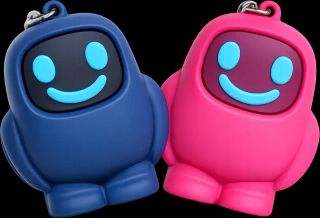 Scrolly NFC app blockers in pink and navy, shaped like cartoon characters