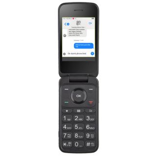 Dumbphone 2 flip phone, open, showing a text conversation above the keypad