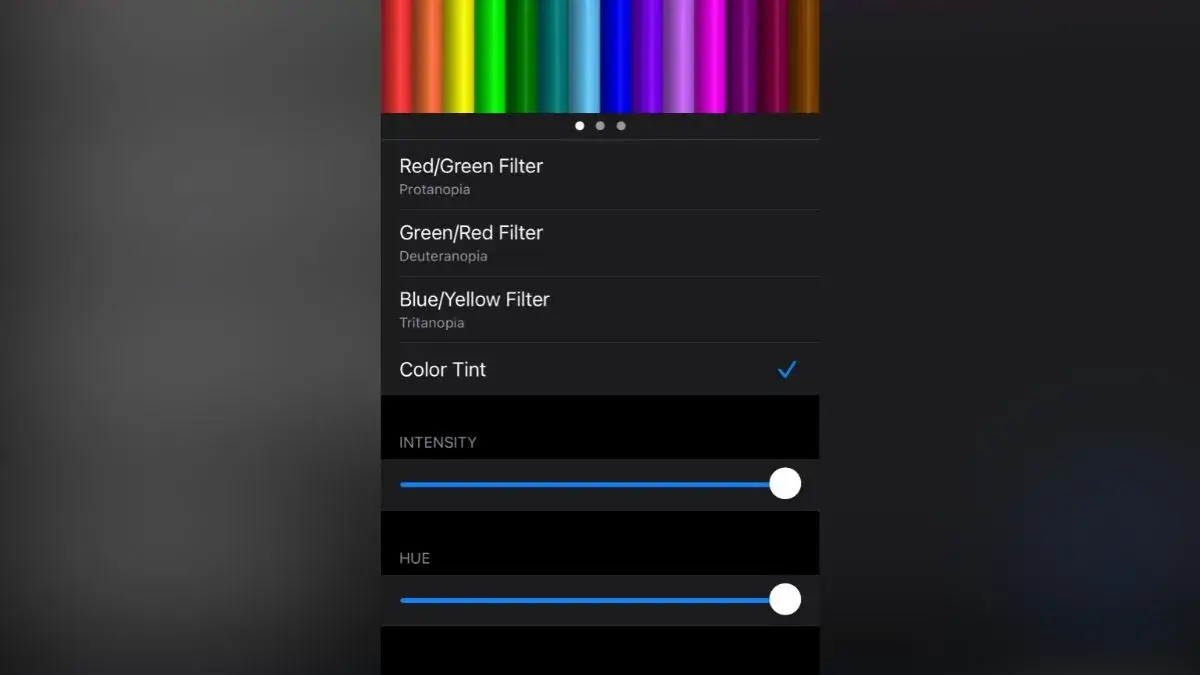 iphone settings showing how to activate red screen color filter