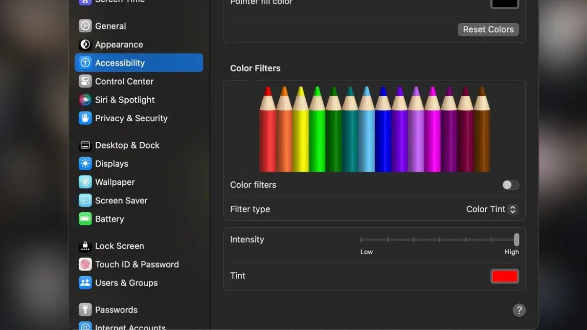 Macbook color filter red screen settings